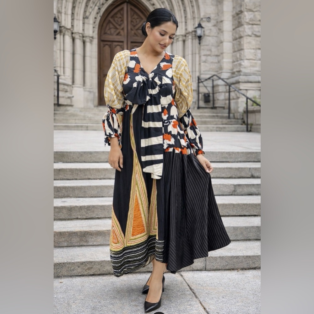 SOLD!!!

Black and Orange Asymmetrical Sundress with Bishop Sleeves